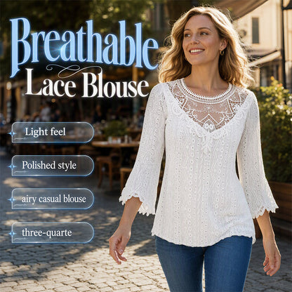 Women's Casual Hollow-Out Lace Patchwork 3/4 Sleeve Blouse Top
