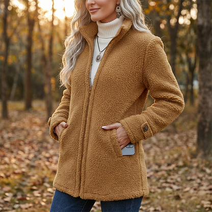 Women's Stand Collar Plush Jacket with Pockets