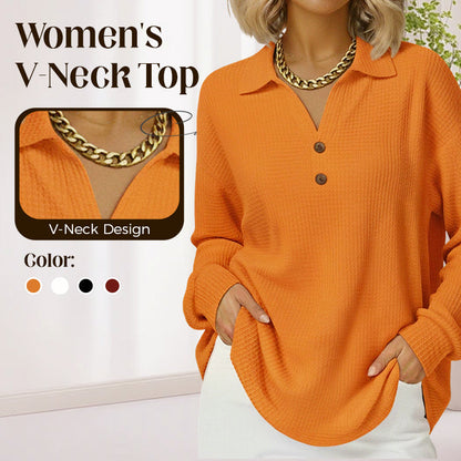 Women's V-Neck Waffle Knit Long Sleeve Top