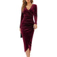 Women's V-Neck Velvet Ruched Bodycon Dress
