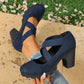 Womens Round Toe Crisscross Strap Mary Jane Shoes Chunky Heel Platform Cutout High Heels