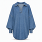 Women's Casual Loose Denim V-Neck Pullover Shirt with Batwing Sleeves and Asymmetrical Hem