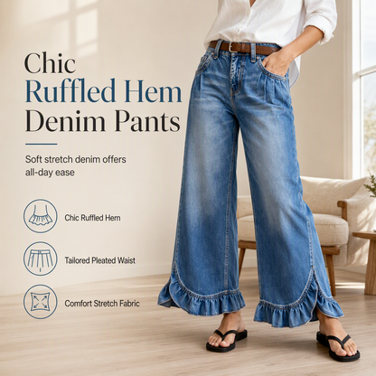 👖 Ruffled Hem, Flattering Flow | Women's Pleated-Waist Wide-Leg Jeans