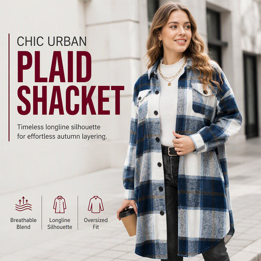 Women's Casual Long Plaid Button Down Shacket