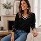 Women's Elegant Contrast V-Neck Knit Top