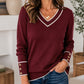 Women's Elegant Contrast V-Neck Knit Top