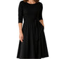 Women's Crew Neck Ribbed Knit A-Line Midi Dress with 3/4 Sleeves and Pockets