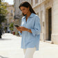 Women's Lapel V-Neck Top with 3/4 Lantern Sleeves