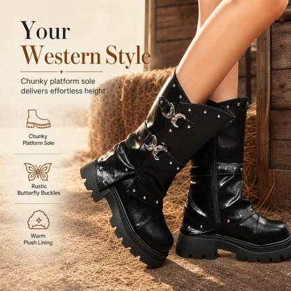 Women's Platform Mid Block Heel Ankle Boots with Round Toe Stitching Fold-Over Cuff and Buckle Strap