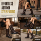 Women's Platform Mid Block Heel Ankle Boots with Round Toe Stitching Fold-Over Cuff and Buckle Strap