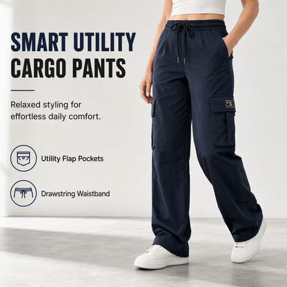 Women's Relaxed Fit Straight Leg Cargo Pants with Elastic Drawstring Waist and Side Utility Pockets