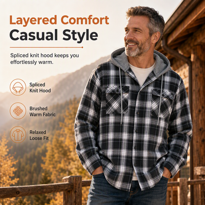 Men's Plaid Zip Up Hoodie Loose Fit American Style Brushed Hooded Sweatshirt