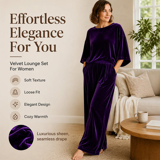 Women's Velvet Half Sleeve Top & Wide-Leg Pants Set
