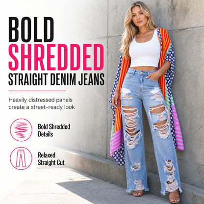 Women's Distressed Ripped Straight Leg Denim Jeans