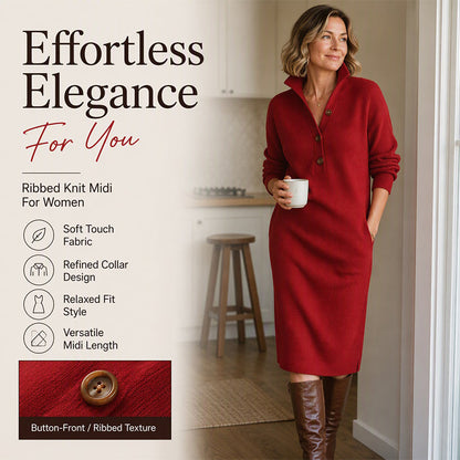 Women's Ribbed Knit Sweater Dress with Lapel Collar