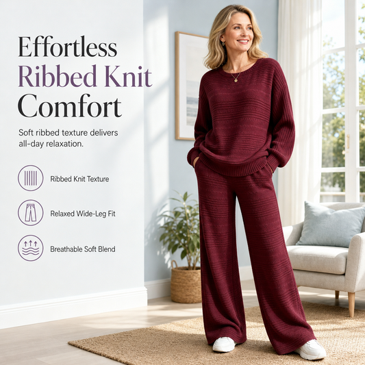 ⚡🌸Women's Autumn Winter Ribbed Knit Two Piece Set Casual Long Sleeve Top and Wide Leg Pants