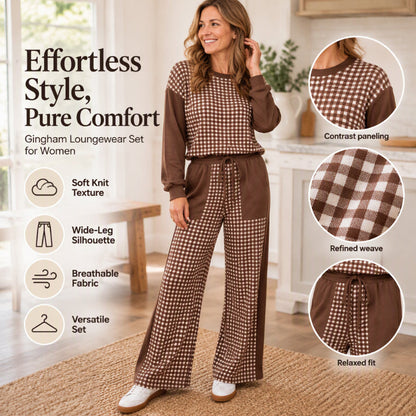 Women's Gingham Long Sleeve Top & Wide-Leg Pants Set