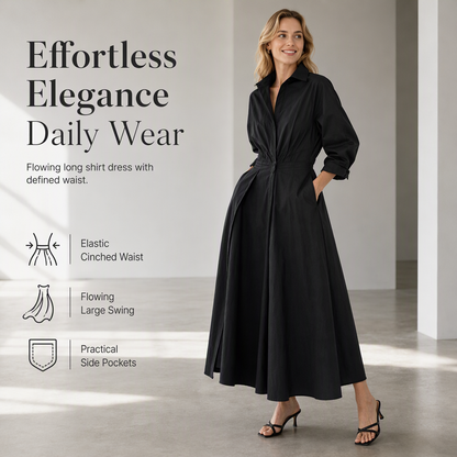 🖤😎 Elegant Women Cotton Linen Solid Color Shirt Dress with Turn Down Collar Elastic Waist