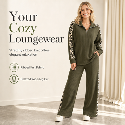 Women's Ribbed Knit Two-Piece Loungewear Set with Quarter-Zip Pullover and Wide-Leg Pants Featuring Leopard Print Accent Panels