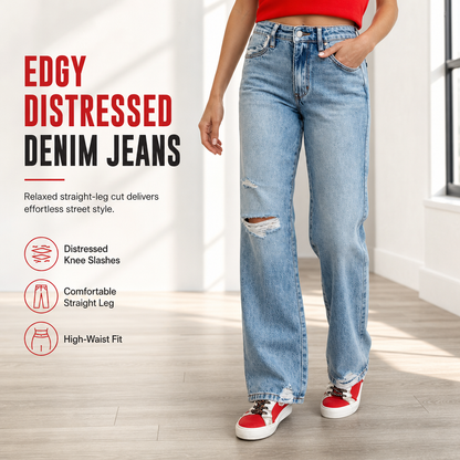 🖤Free Shipping🖤Women's High Waisted Ripped Wide Leg Denim Jeans Distressed Straight Pants