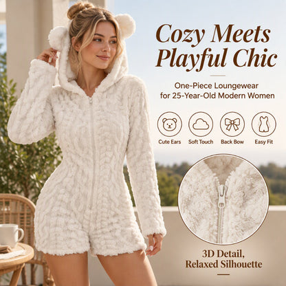Women's Cute Bear Ear Hooded Plush Romper