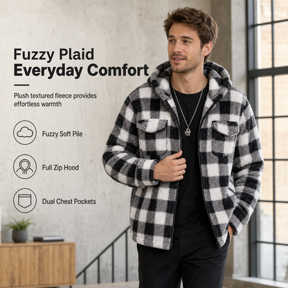 🧥 Men's Plaid Fuzzy Hooded Zip-Up Coat with Dual Flap Chest Pockets