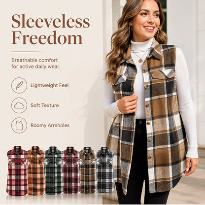 Women's Plaid Button Down Vest Shirt with Pockets