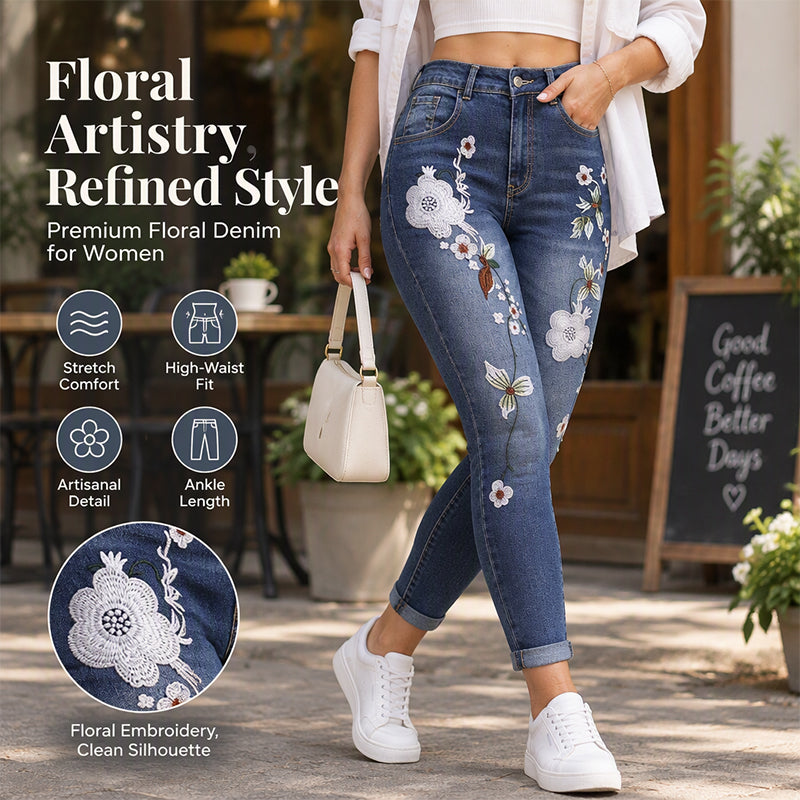 Floral embroidery detail and slim fit blue denim jeans