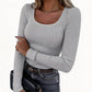 Women's Ribbed Slim Fit Long Sleeve Square Neck Top