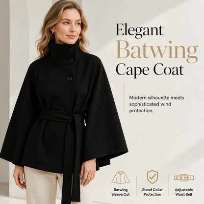 Women's Cape Trench Coat Stand Collar Button Belted Jacket