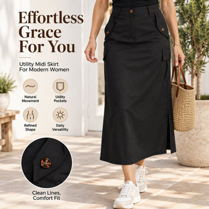 Women's High-Waisted Cargo Midi Skirt