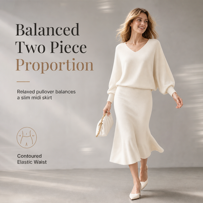 Elegant V Neck Batwing Sleeve Knit Top and Midi Skirt Two Piece Set