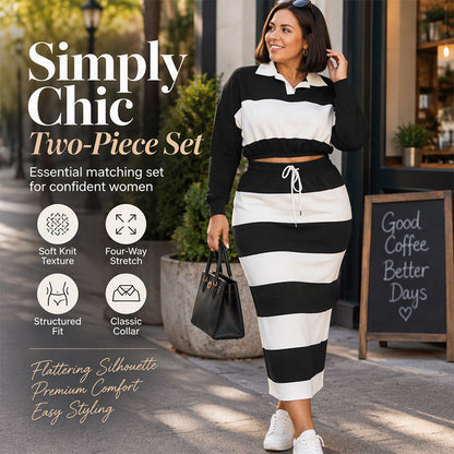 Women's Striped Collared Crop Top & Midi Skirt Set