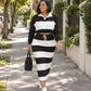 Women's Striped Collared Crop Top & Midi Skirt Set