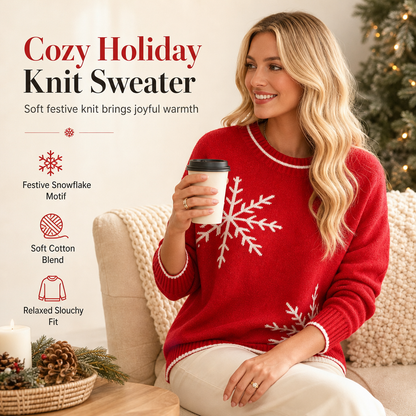 Women's Christmas Snowflake Jacquard Knit Sweater Crew Neck Loose Fit Pullover for Autumn and Winter