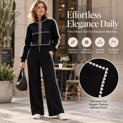 Women's Beaded Cropped Jacket and Wide-Leg Pants Set