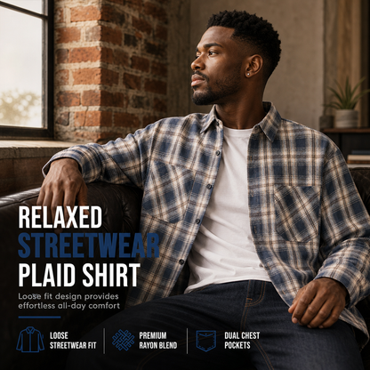 Unisex Casual Loose Fit Plaid Button Down Shirt Top for Men and Women