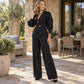 Women's Elegant Puff Sleeve Blazer and Wide-Leg Pants Set