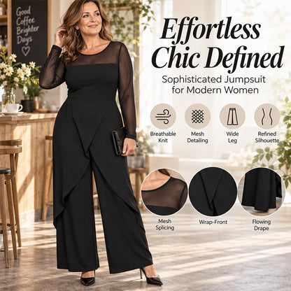 Women's Elegant Mesh Long Sleeve Jumpsuit with Wrap Overlay