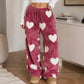 Women's Heart Print Plush Wide-Leg Pants