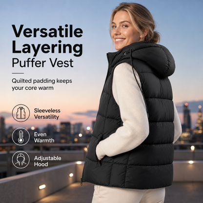 Women's Hooded Padded Puffer Vest with Adjustable Drawstring and Full Zip